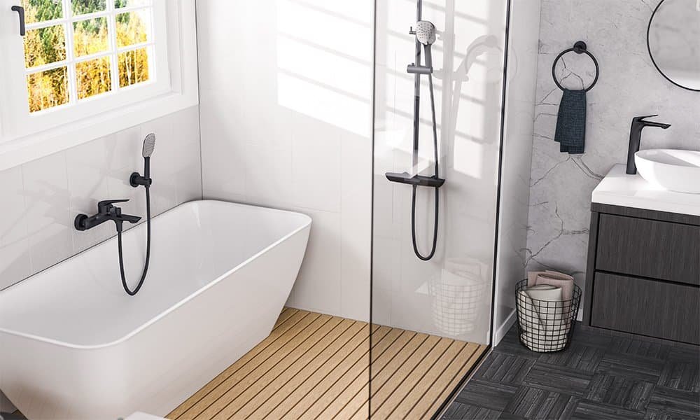 Selene bathroom collection – matte black finish – in real scene Selene bathroom collection - matte black finish - in real scene