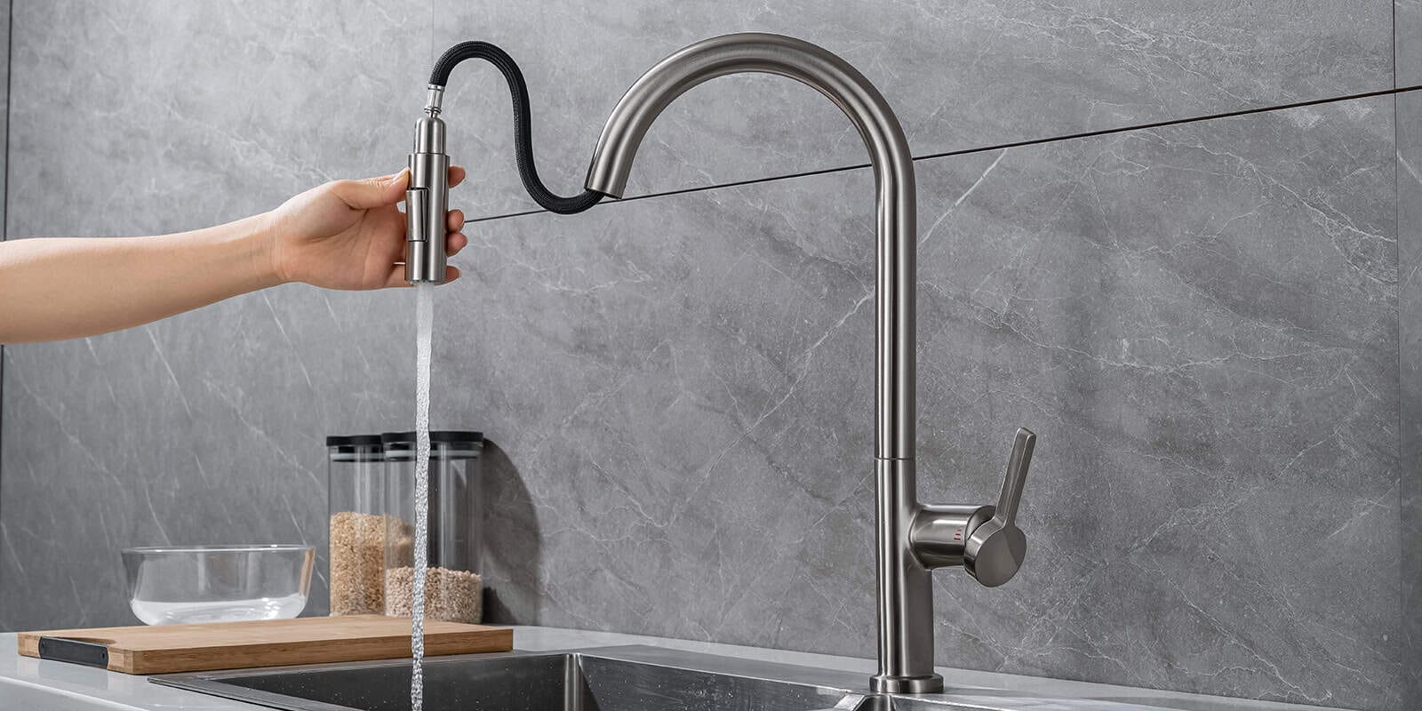 Brushed steel pull down kitchen faucet – K655 01 45 1 Brushed steel pull down kitchen faucet - K655 01 45 1