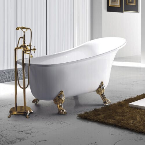Premium 63 Inch Large Freestanding Acrylic Clawfoot Bathtub, with brushed gold clawfoot