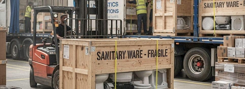 A photo of a truck or a forklift moving large crates of sanitary ware components A photo of a truck or a forklift moving large crates of sanitary ware components