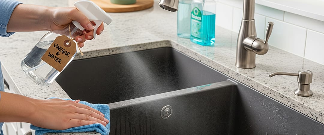 Clean your granite kitchen sink with a mixture of white vinegar and water Clean your granite kitchen sink with a mixture of white vinegar and water