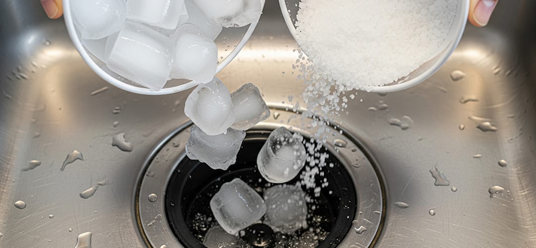Place 2 cups of ice and 1 cup of kosher salt in the garbage disposal in your kitchen sink Place 2 cups of ice and 1 cup of kosher salt in the garbage disposal in your kitchen sink