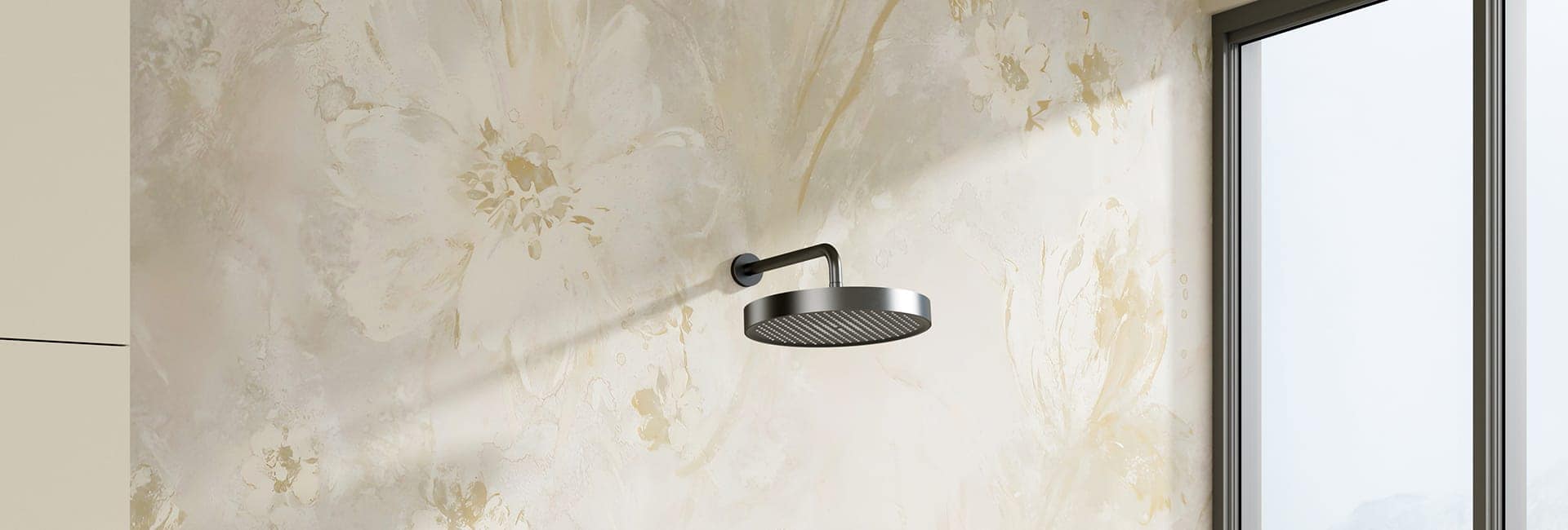 Round gunmetal showerhead in proper shower head height Round gunmetal showerhead in proper shower head height