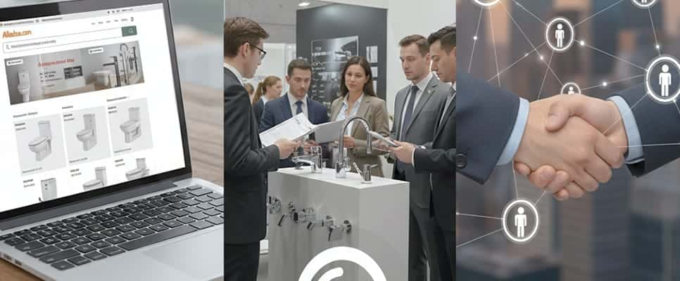 A collage of various search methods: a laptop screen showing a B2B marketplace (Alibaba), a trade show booth with people interacting, and a handshake representing professional networking.