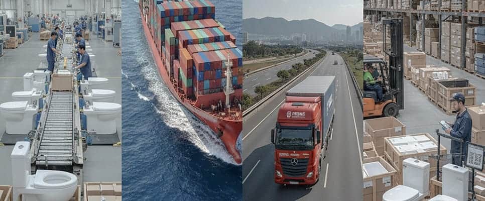 A visual timeline of the shipping process: a factory, a container ship on the ocean, a truck for delivery, and a warehouse.