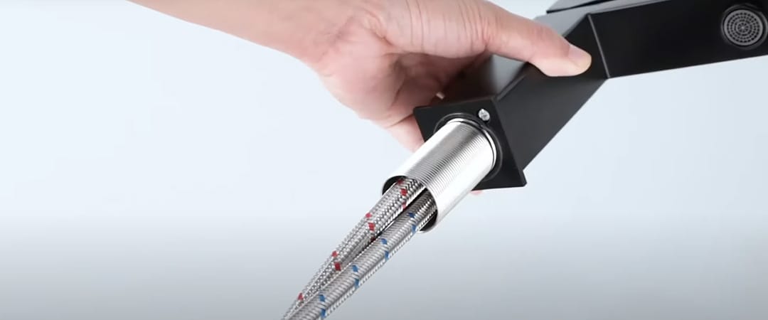 hot and cold water hoses connect to the faucet body hot and cold water hoses connect to the faucet body