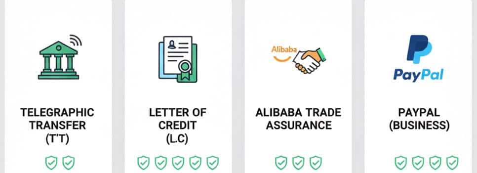 A graphic comparing different payment methods (T/T, L/C, Alibaba Trade Assurance, PayPal) with icons representing their security levels, and a lock icon for fraud prevention.