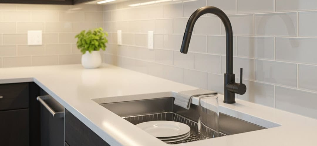 Stainless steel kitchen sink with gunmetal faucet