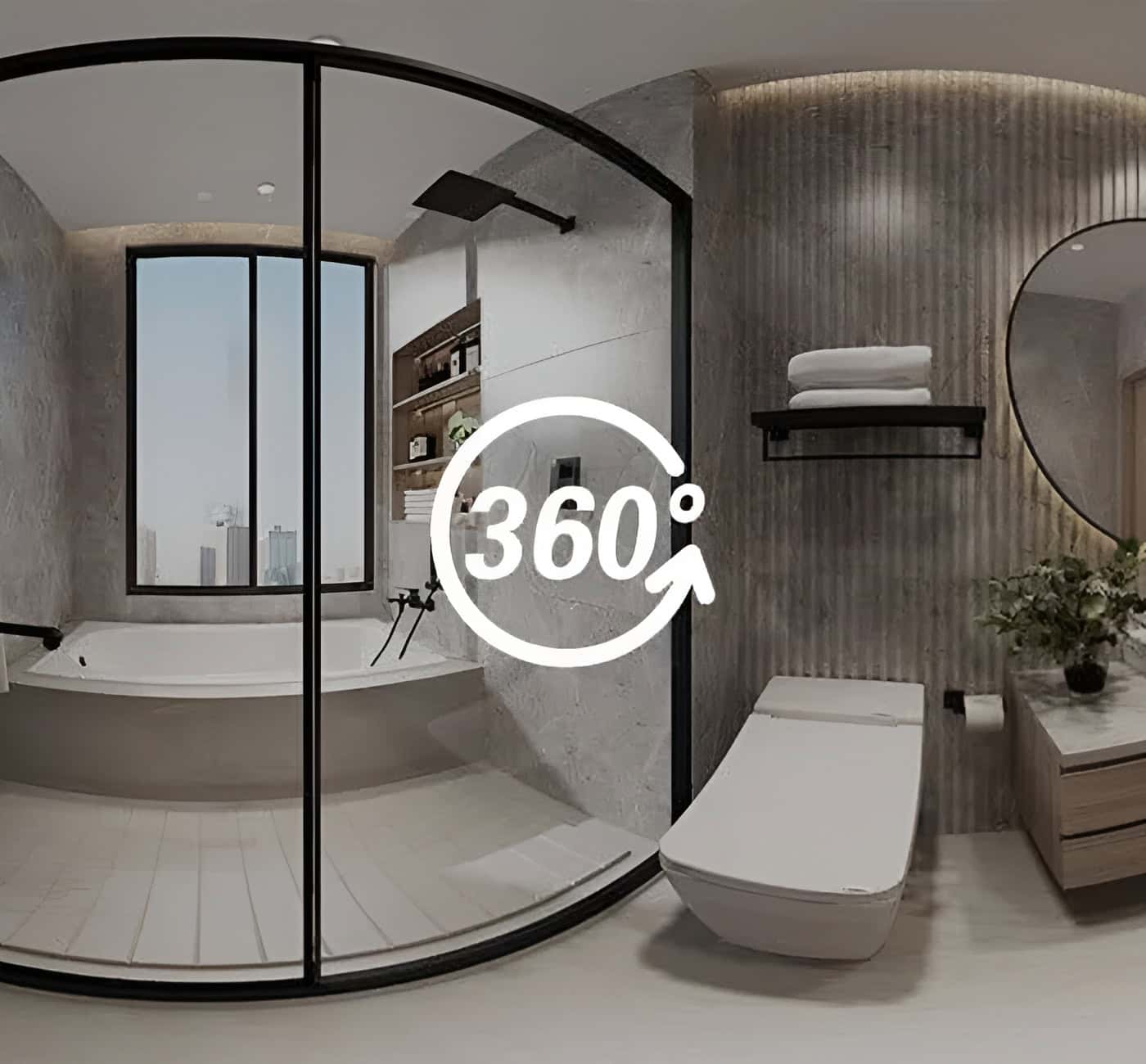360 degree panoramic view of a modern bathroom