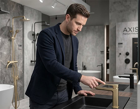 Product manager is touching a PVD brushed gold faucet Product manager is touching a PVD brushed gold faucet