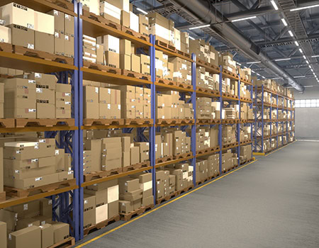 Vast storage building full of products placed on industrial racks with tag Vast storage building full of products placed on industrial racks with tag