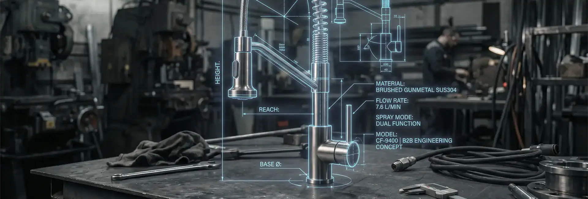kitchen faucet trends: A sleek brushed gunmetal commercial kitchen faucet standing on a dark industrial workstation