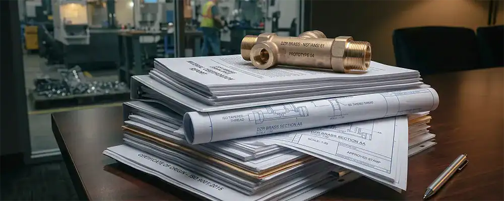 A thick stack of engineering compliance reports and architectural CAD blueprints resting on a dark corporate meeting table