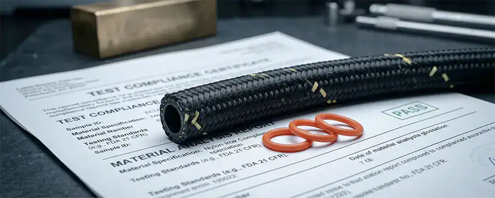 Extreme macro photography of a thick braided Kevlar water hose and food-grade silicone O-rings