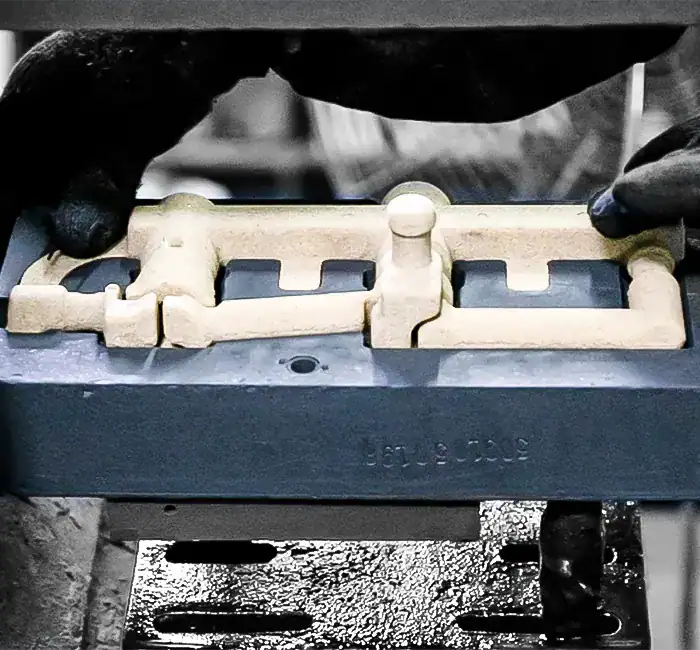 Brass faucet sand core tooling in our China foundry, demonstrating archived mold capabilities for long-term commercial fixture supply