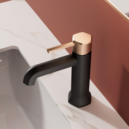 Hexagonal basin faucet with mixed finishes