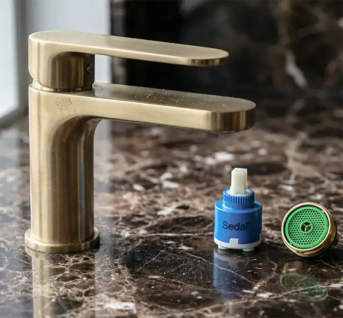 Commercial brass faucet equipped with 1.2 GPM aerator and standard Sedal cartridge supporting ADA and LEED hotel standards