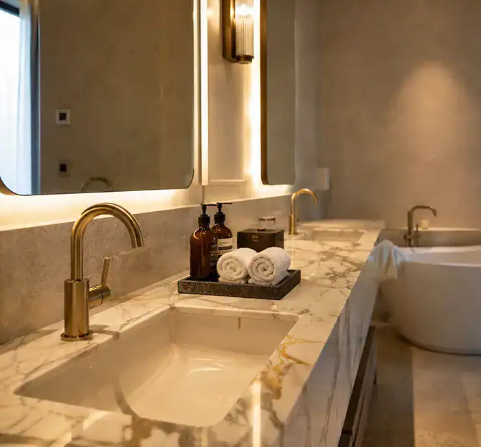 PVD brushed gold brass bathroom fixtures installed in a commercial hotel helping maintain finish consistency