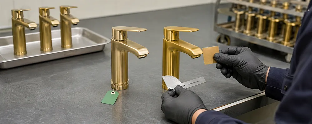 Quality inspector compares an approved faucet sample with a mass-production unit for color and alignment