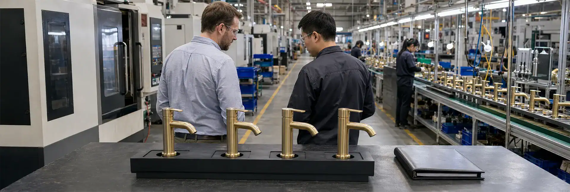 B2B buyer and quality engineer review a production batch of brass faucets inside a China faucet factory