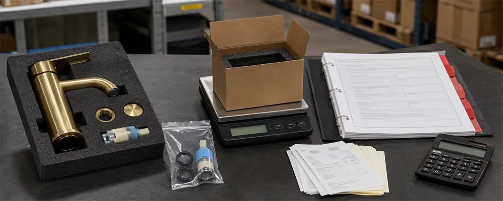 Returned brass faucet, replacement parts, shipping box and claim documents on an importer after-sales workbench