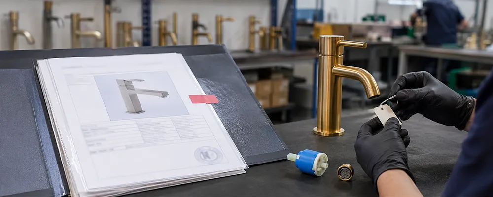 Quality engineer compares a brass faucet with a certification file showing a different model.