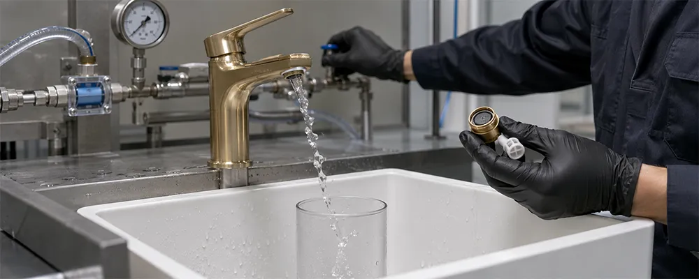 Engineer tests unstable faucet flow while checking the aerator and flow restrictor
