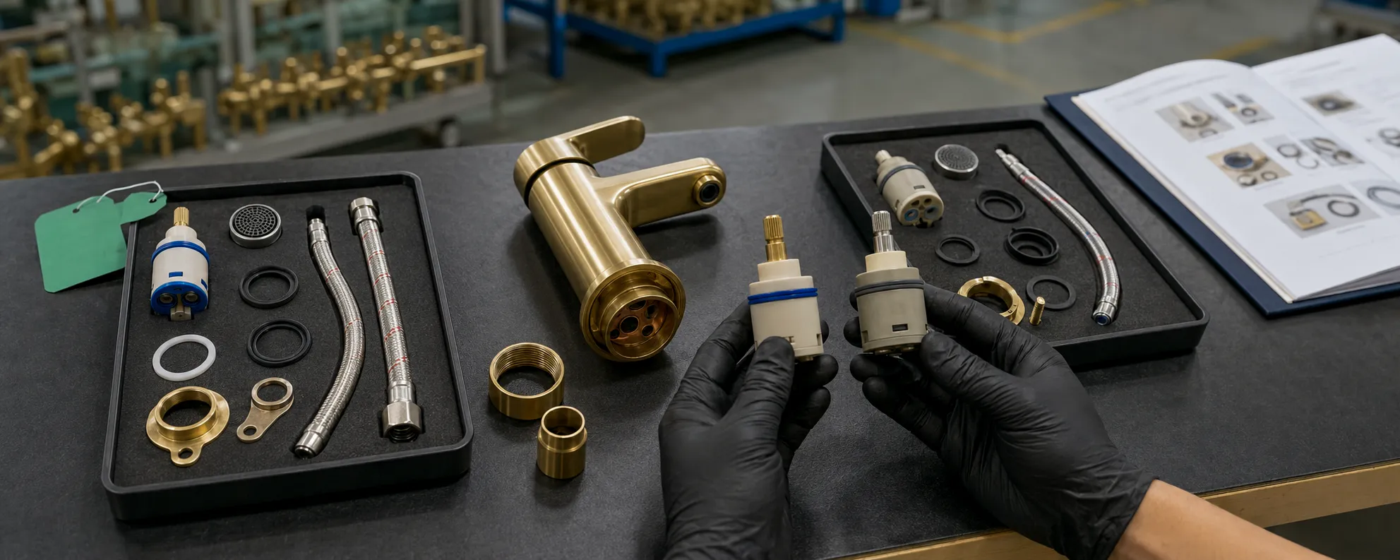 Quality inspector compares approved and substituted faucet cartridges, aerators, hoses and seals.