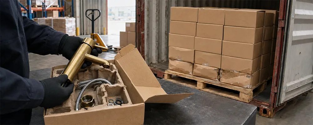 Warehouse inspector checks a brass faucet in damaged packaging beside moisture-affected shipping cartons