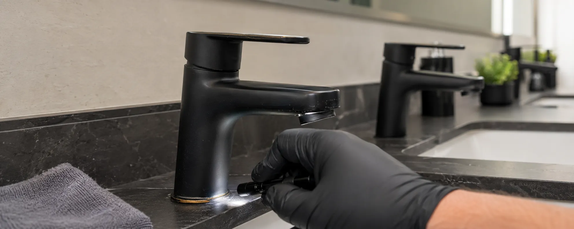 Facility technician inspects early coating wear on an installed matte-black brass faucet