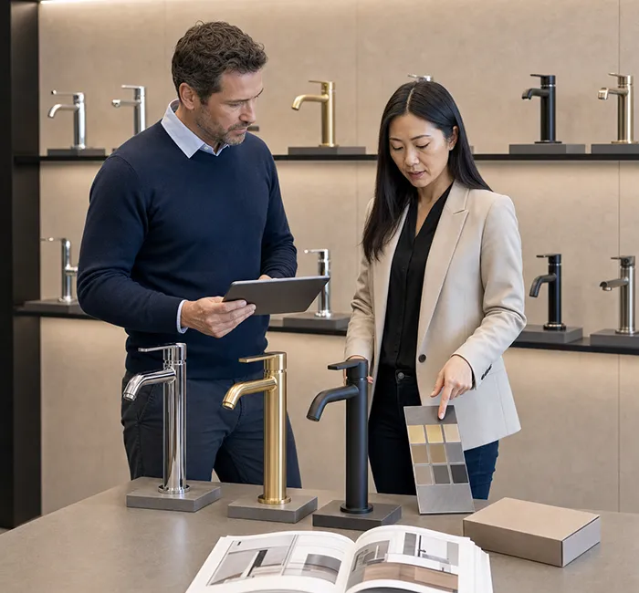 Faucet distributor reviewing product samples in a professional plumbing showroom