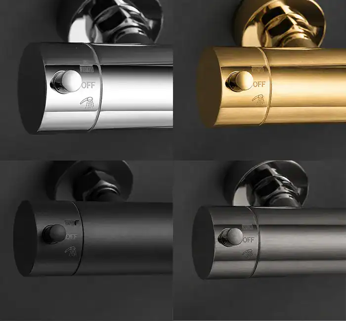 chrome brushed gold gunmetal matte black shower column close up