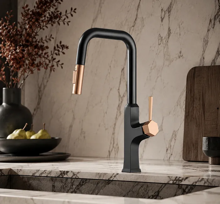 rose gold and matte black pull down kitchen faucet K749D